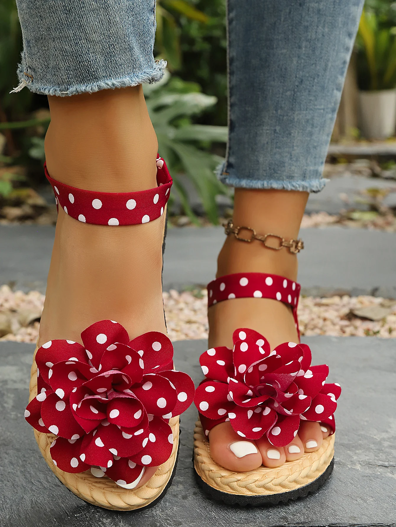 Flache Sandalen zum Hineinschlüpfen mit Schleife, Polka-Dot-Muster, weicher Boden, bequeme flache Schuhe für den Strandurlaub, Damen-Freizeitschuhe – Detail 9