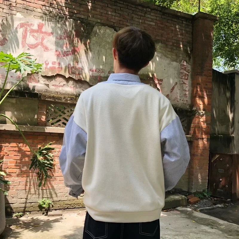 Jerséis de diseño para hombre, moda Preppy, Popular, universitario, dinámico, holgado, informal, falso, de dos piezas, Ulzzang, ropa masculina para adolescentes, Ins japonés