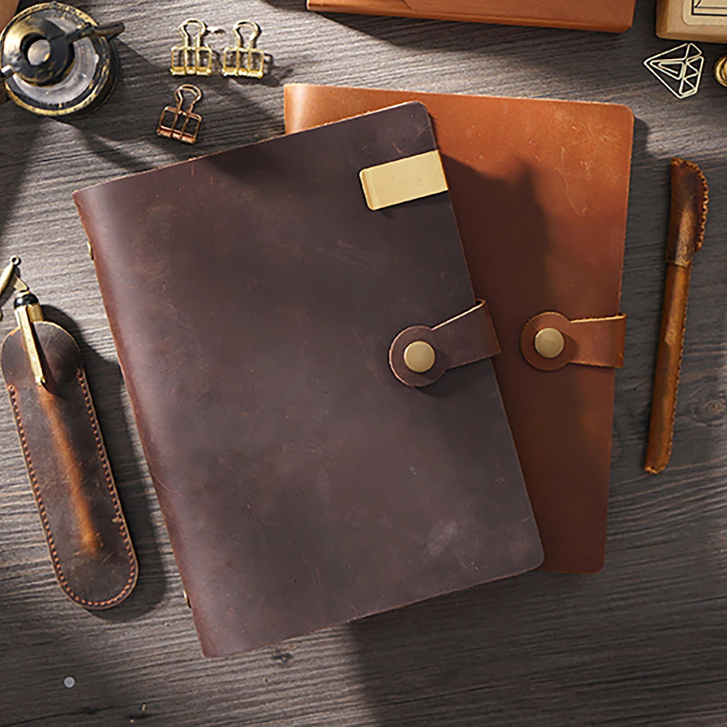 Genuine Leather Rings Notebook A5/B5 Planner With Brass Binder Spiral Sketchbook Snap Button Personal Diary Stationery