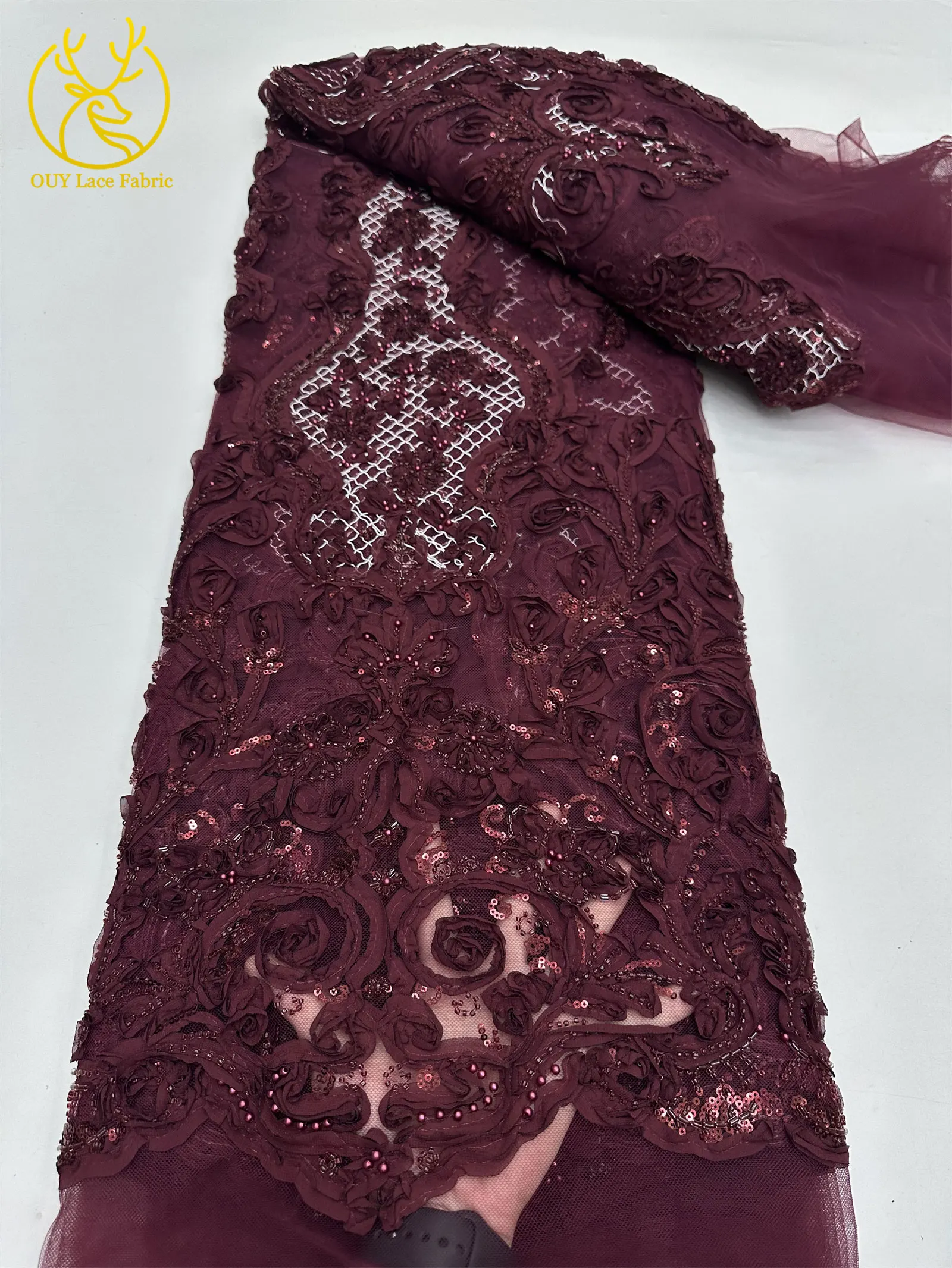 3D Afrikanischer Perlen-Spitzenstoff Schwarz Rot Luxuriöser Hochwertiger Französischer Pailletten-Tüll für Damen Abendkleid DIY Nähen 5 Yards – Detail 24