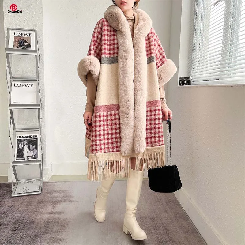 

Comfort Thicken Wool Blend Outerwear Cape Hooded Luxury Faux Fur Long Poncho Batwing Coat Women Winter Party New Year Cloak