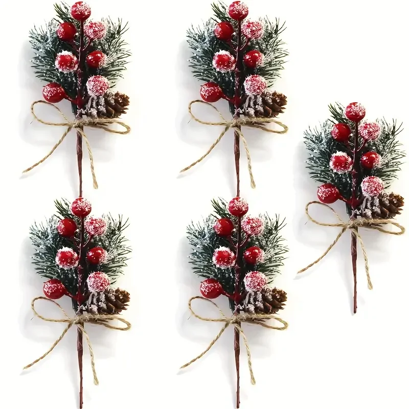 A Set of 5 Realistic Artificial Winter Berries and Pine Branches for Seasonal Home Decoration During Christmas