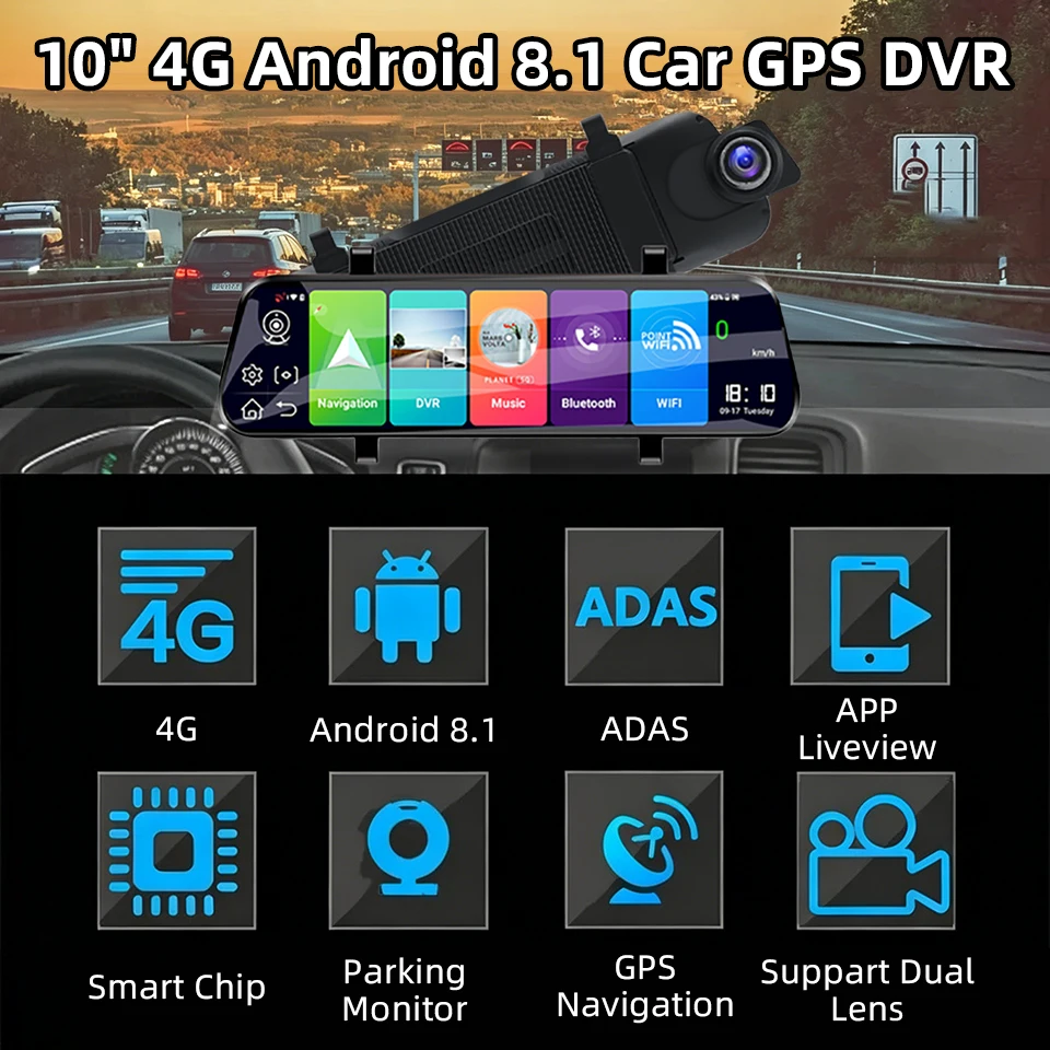 E-ACE 9.66'' 4G Remote Monitor GPS ADAS DashCam With SIM Slot For WiFi Hotspot Mirror Bluetooth Phone FM Optional Rear Len