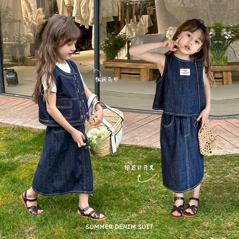 

Children Clothing Set 2024 Summer New Fashionable Girls Fashion Denim Korean Style Casual Vest and Split Skirt Princess Set