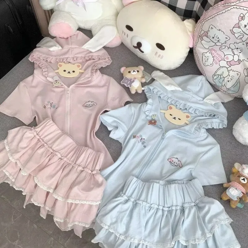 Japanese Y2k Sweet Student Cute Girl Age Reducing Hooded Rabbit Ear Coat Short Sleeve Top+Lace Splicing Puff Skirt 2 Piece Sets