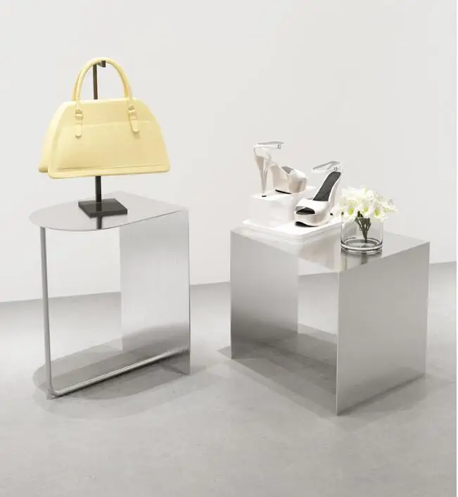 Window decoration booth Stainless steel brushed water table shoe bag mid island table high and low table