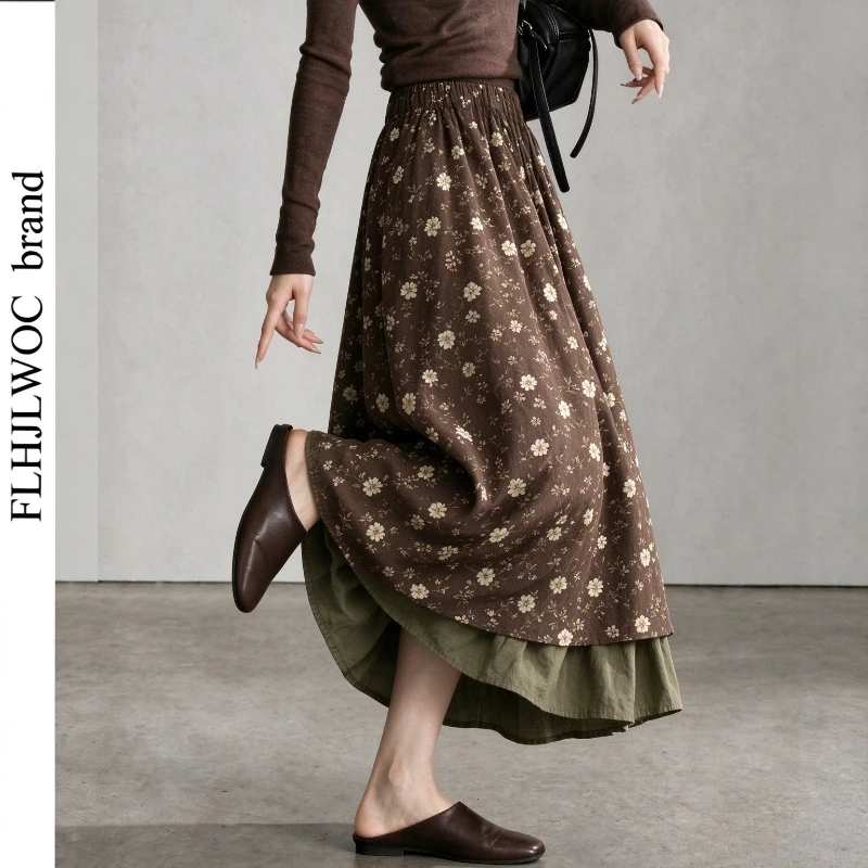 Retro Vintage Skirts Japanese Style Cute Mori Girls Woman Autumn Spring Elastic High Waist Long Sleeve Country Chic Floral Skirt