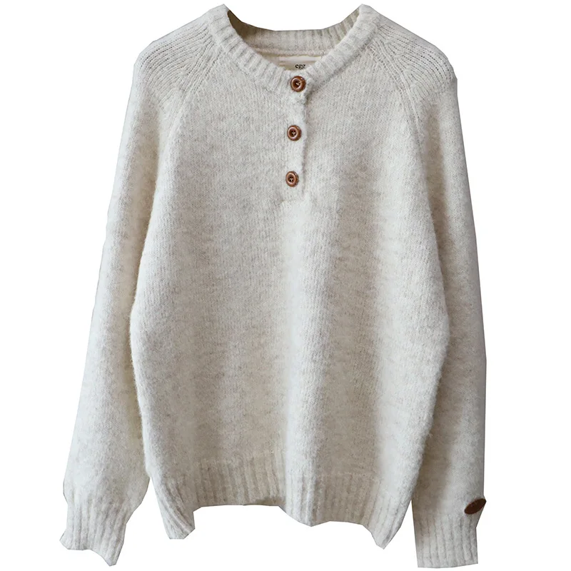 Loose Women's Knitted Sweater round Ne Tee Button Casual Sle Autumn Winter New Arrival Comfortable Long Sve Top