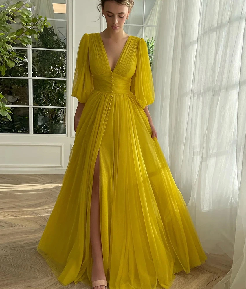 

Customized Temperament Tulle A-Line Buttons Evening Dress High Quality V-Neck 3/4 Sleeves Floor Length Party Gowns Custom Made
