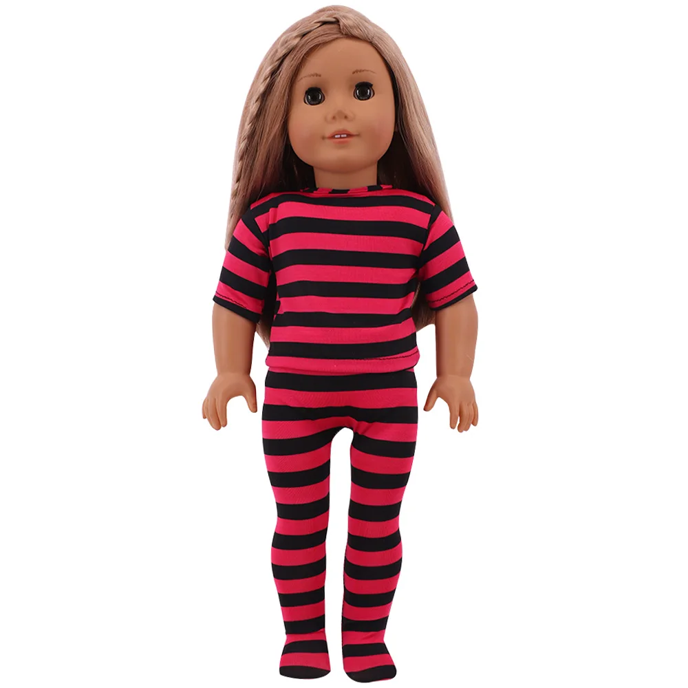 Para 18 Polegada roupas de boneca americana listrado pijamas conjunto mangas curtas apertado legging roupa interior caber 43cm boneca do bebê nascido, brinquedo de presente da menina