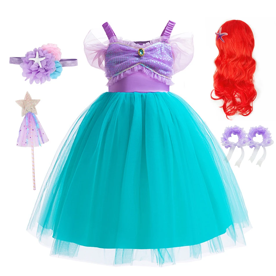 Mermaid Ariel Cosplay Princess Dress Children Birthday Gift Girls Sequin Clothes Kids Halloween Carnival Fairy Outfits