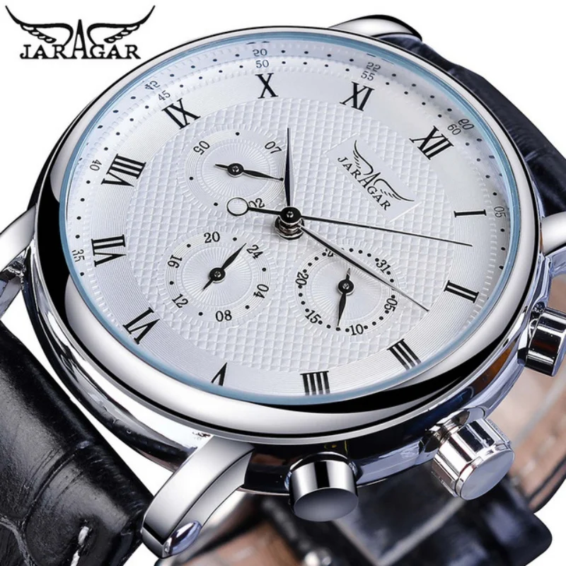 JARAGAR 1166 Men\'s Automatic Mechanical Watch Six Needle Roman Numerals Dial Genuine Leather Strap Week Date Business Watches