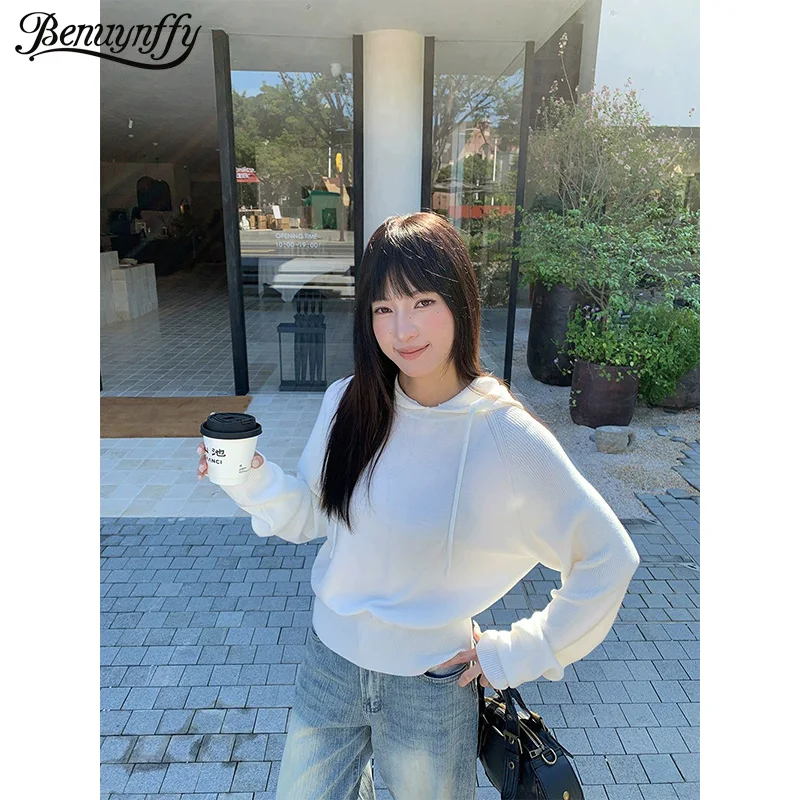 

Benuynffy Korean Style Short Knitted Sweater for Women 2025 Autumn Winter New Streetwear Casual Solid Color Pullovers Hooded Top