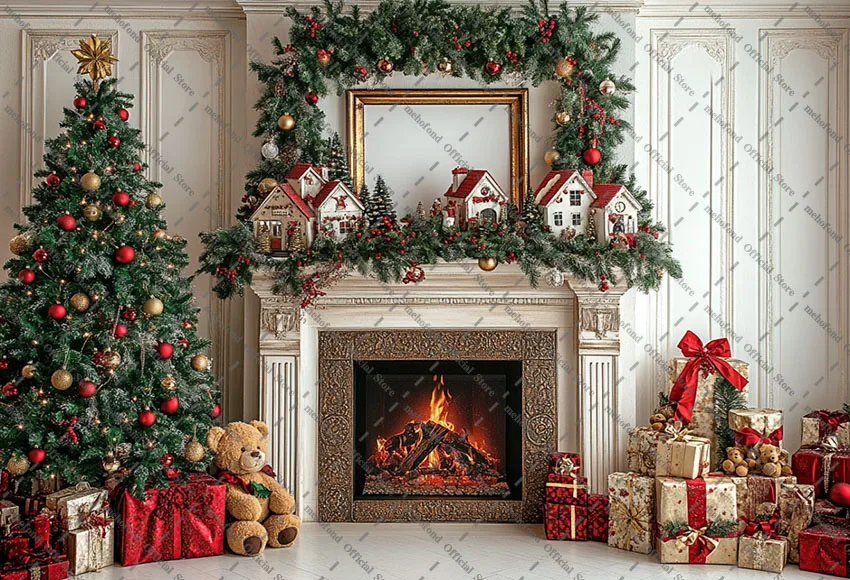 Mehofond التصوير خلفية عيد الميلاد لوحة جدار الموقد الدب شجرة عيد الميلاد الاطفال الأسرة صورة ديكور خلفية استوديو الصور