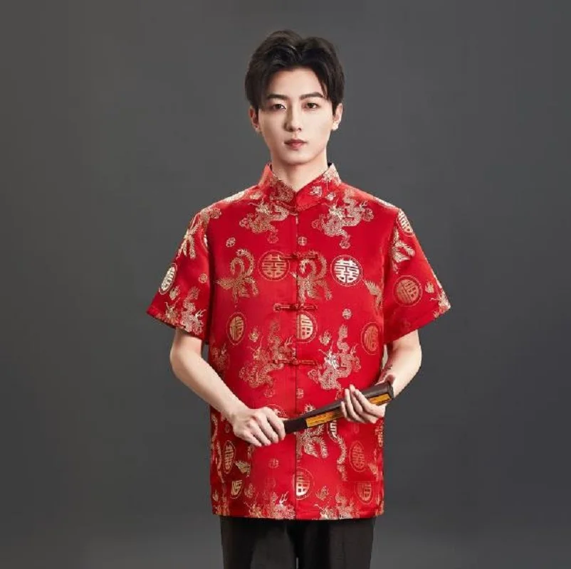 New Chinese Style Embroidery Satin Tang T Shirt Men's Short Sleeve Jacket Birthday Party Wdding Dress Spring Summer Casual Coat
