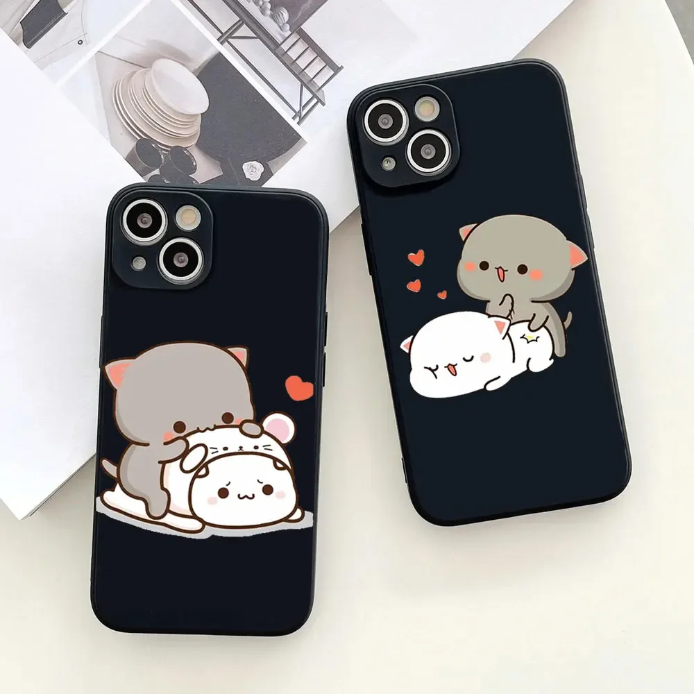 Funny Peach Mochi Cat Couple Phone Case for IPhone 13 14 15 12 11 Pro Mini X XR XS MAX SE2 7 8Plus Cute Animal Paired Soft Cover