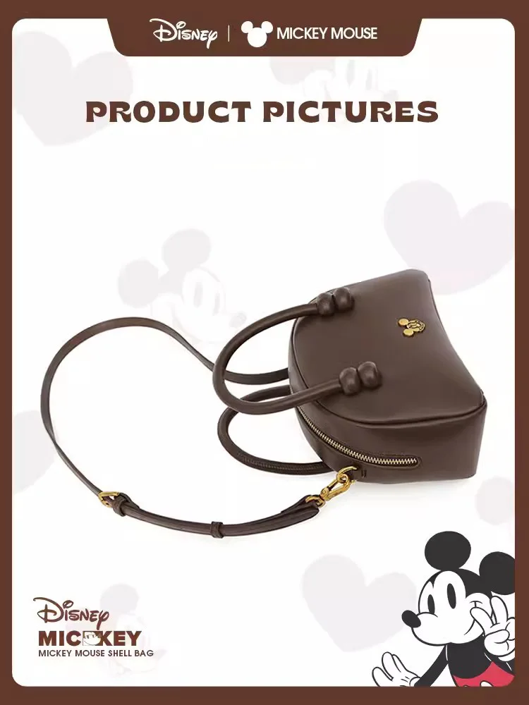 Disney Retro Handbag Cartoon Mickey Badge Crossbody Bag Advanced PU Leather Solid Color Commuting Mini Women Shell Bag