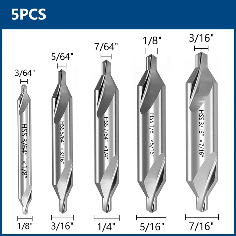 7Pcs Set Center Drill Bits 1/1.5/2/2.5/3/4/5 Inch 60-Degree Angle Countersink Tools for Lathe Metalworking