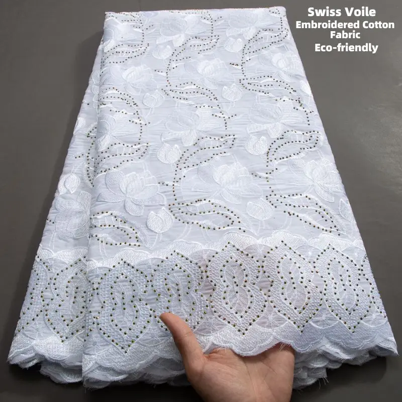 Latest Dubai Cotton Lace Fabric 5 Yard Crystals Swiss Voile Lace In Switzerland African Fabric Elegant Dress for Women Sew A3787