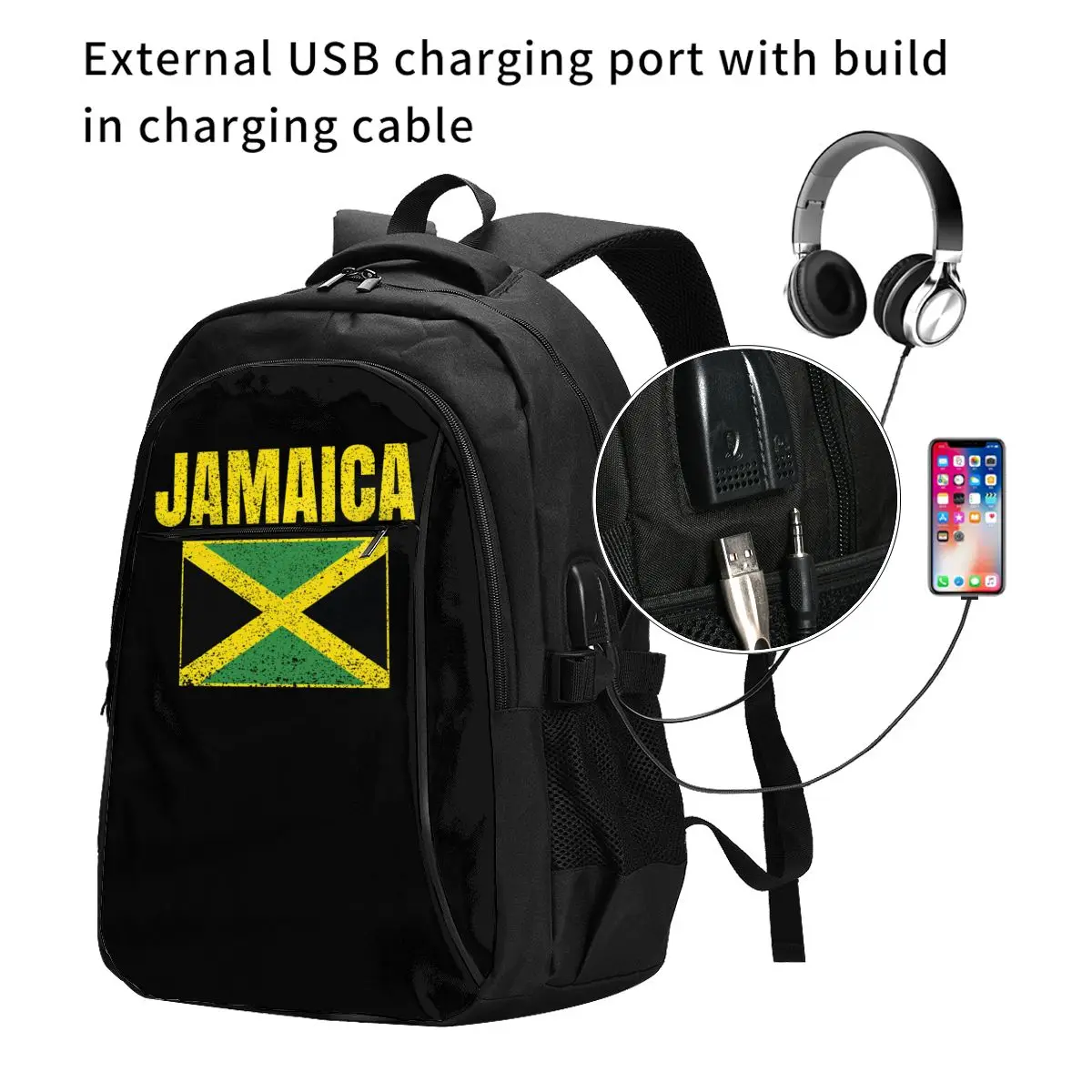 Jamaica Country Jamaican Flag Usb Backpacks Fashion Tote Travel Hiking Usb Port Notebook Bags