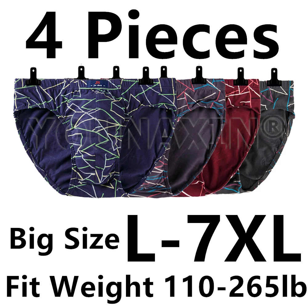 4 Pcs Men Big Size Cotton Briefs Knickers Teenager Panties Underpants Underwear Soild Color Undies L XL 2XL 3XL 4XL 5XL 6XL 7XL