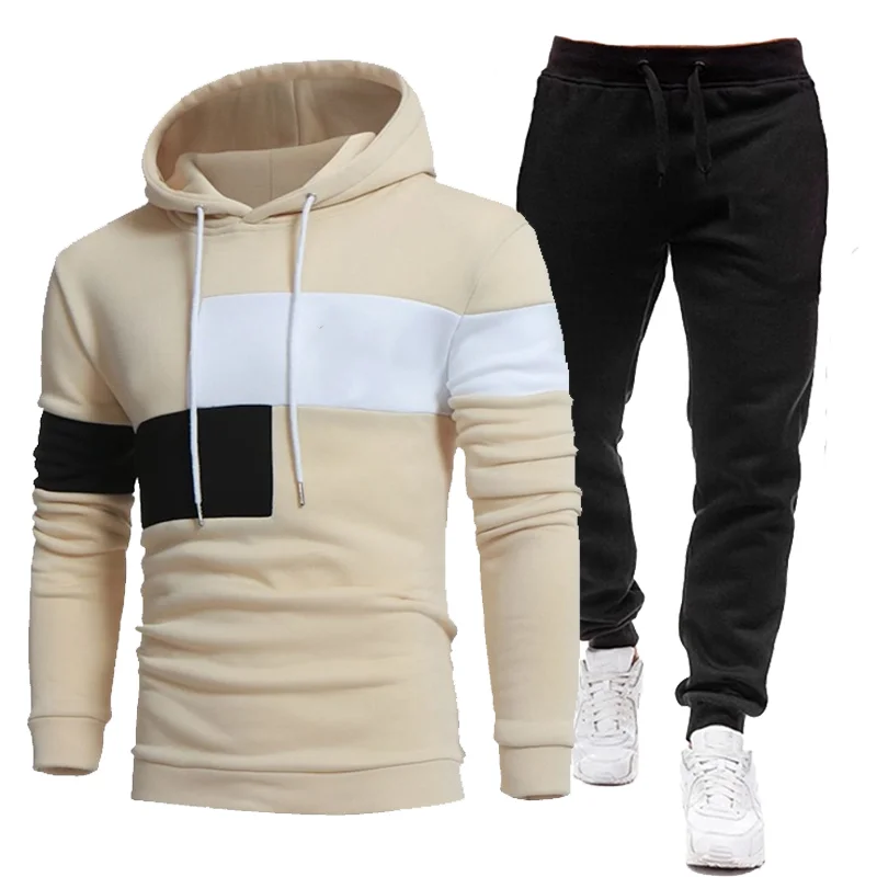 Custom LOGO Men Tracksuit Patchwork Brand Spring Autumn Fleece Hoodies and Pants 2Piece Set Casual Fashion Sport Male Suit