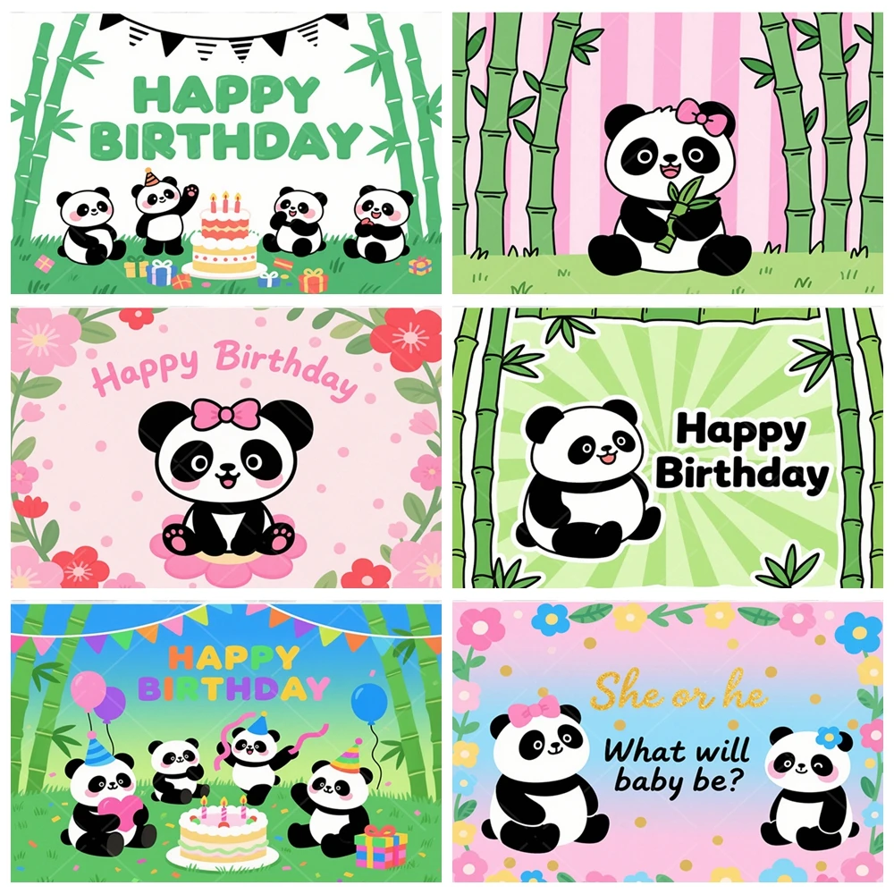 

Cute Panda Bamboo Cartoon Birthday Party Backdrop Custom Photography Backgrounds Kid's Portrait Photographic For Photo Studio