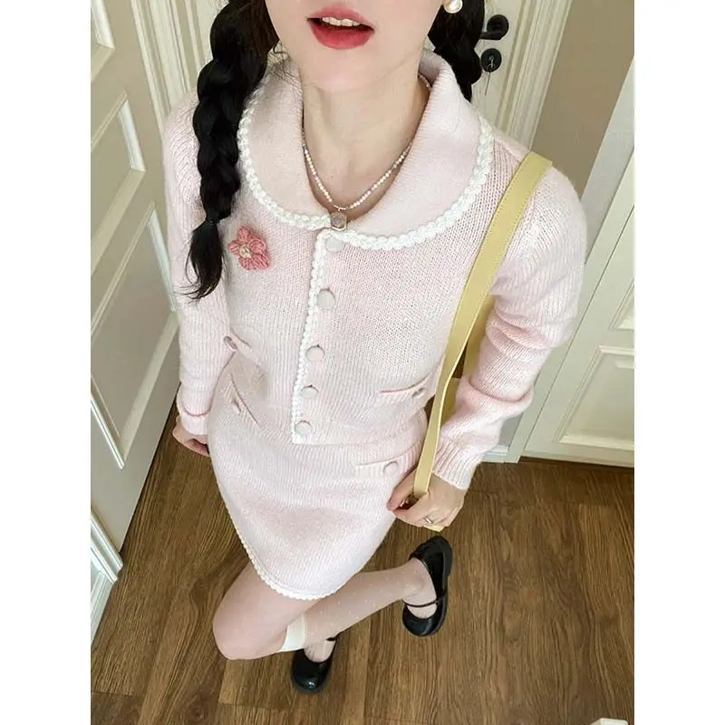

Pink Korean Fashion Knitted Suit Elegant 2 Piece Set Woman Casual Sweater Tops + Sexy Bodycon Mini Skirt Office Lady 2024 Autumn