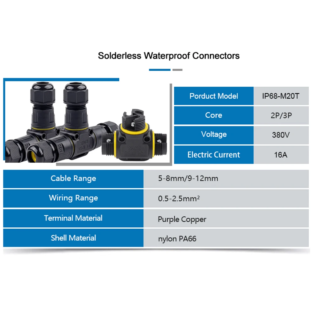 IP68 M20 T Shape Waterproof Wire Connectors 2/3Pin 3 Way Quick Insert  Lever Wiring Terminal for Outdoor Electric Junction Box