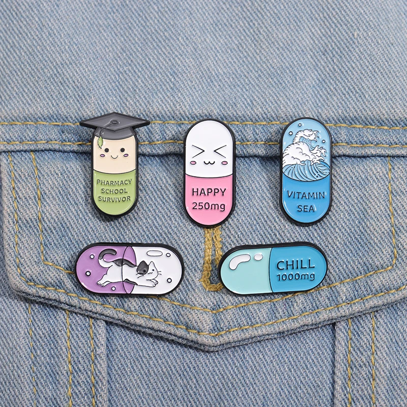 Cute Pharmacist Enamel Pins Happy Chill Capsule Pill Brooches Anti Depression Anxiety Cartoon Lapel BadgesDecorative Jewelry