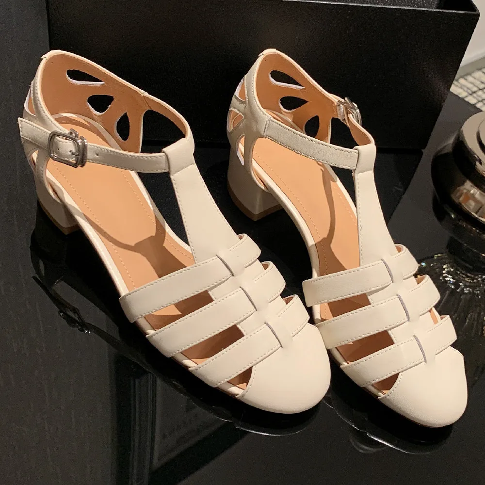 Sandali con cinturino a t intrecciati a fascia stretta in vera pelle da donna 4cm di spessore con tacco medio punta tonda eleganti scarpe estive da