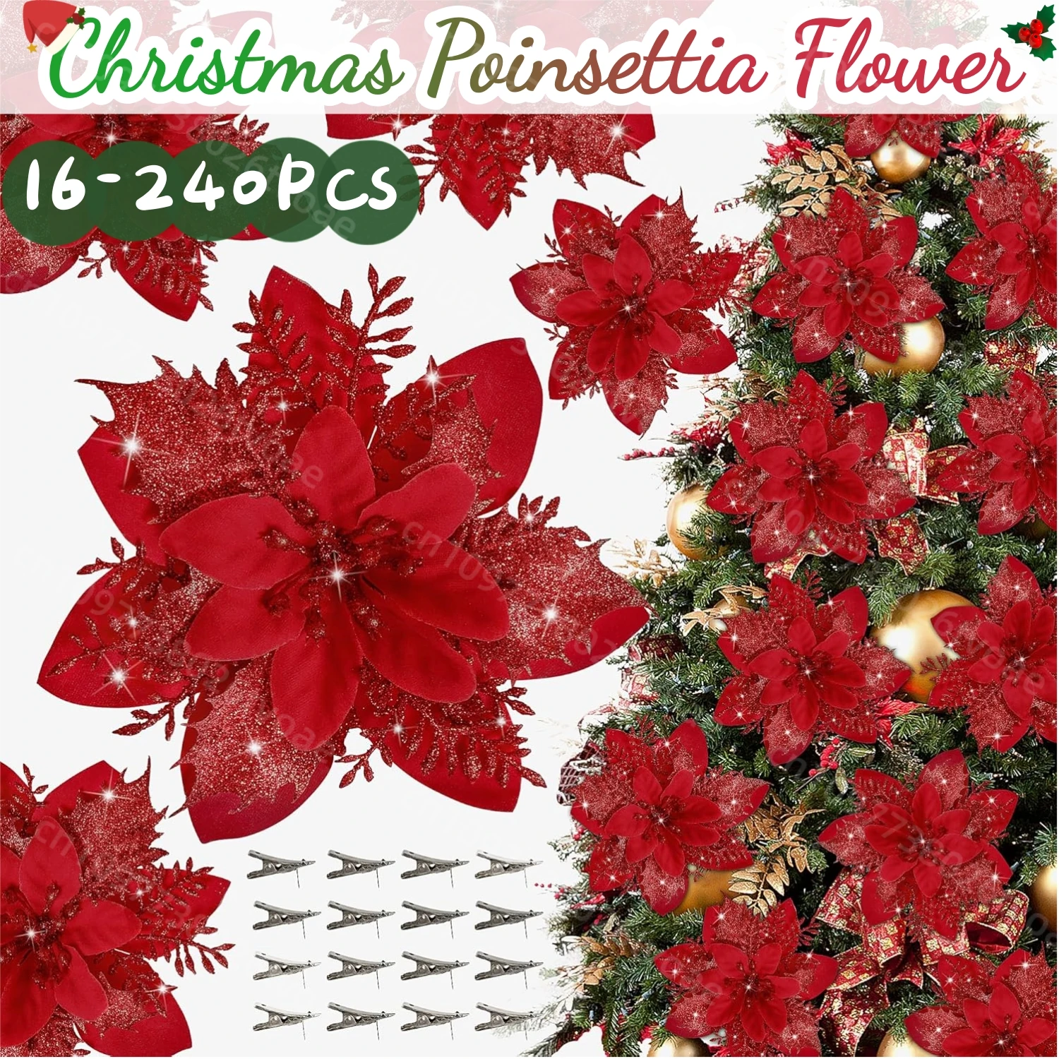 

16-240Pcs Poinsettia Christmas Decorations Christmas Flowers Christmas Tree Flowers Glitter Poinsettia Flowers Artificial Xmas