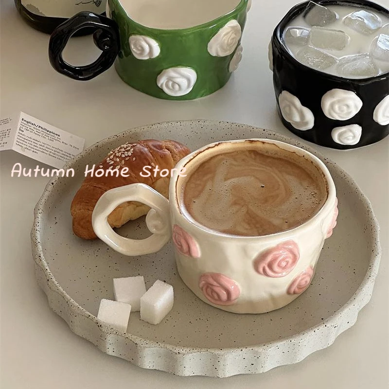 Handmade Hand Drawn Three-dimensional Relief Rose Flower Ceramic Mug Irregular Coffee Cup Gift Water Cup