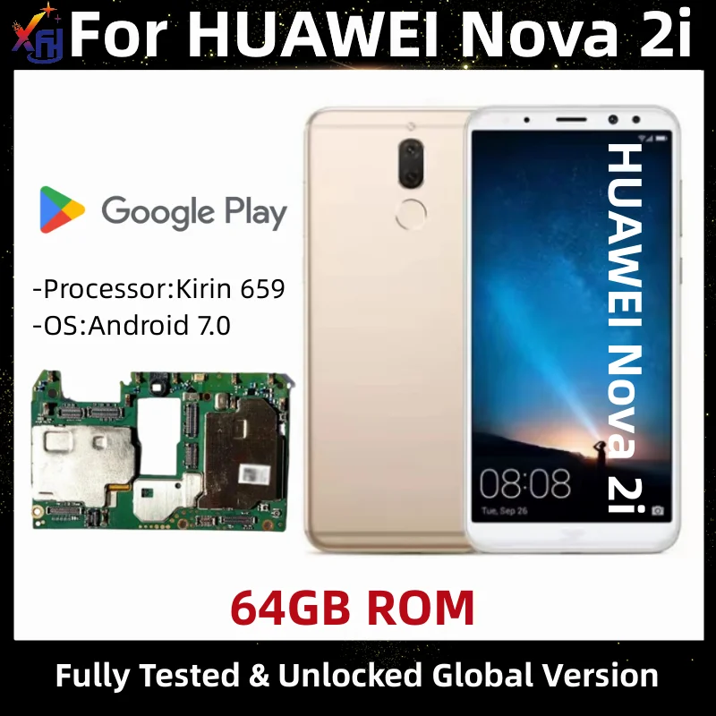 Motherboard for HUAWEI Nova 2i, 64GB,  Unlocked Logic Board, with Global MIUI System