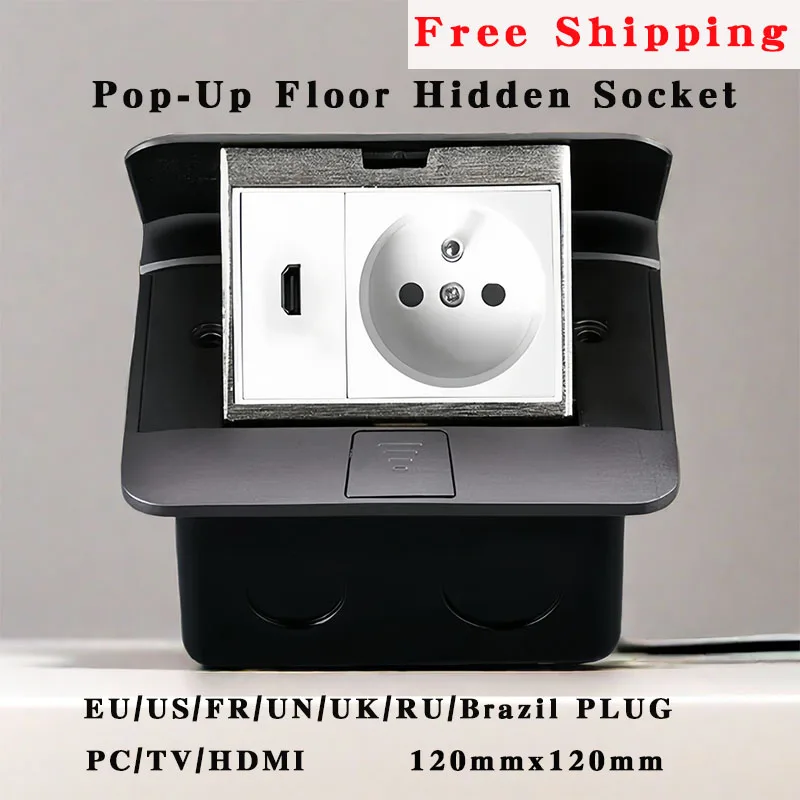 

120x120mm Pop-Up Floor Hidden Socket EU/FR/UK/UN/Brazil/RU/US PLUG 220V PC/HDMI/TV Metal Panel Table Outlet Meeting Room Office