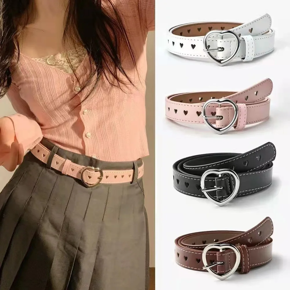 Children Belt Kids Cute Peach Heart Buckle Faux Leather Belts For Girls Love Heart Eyelet Grommet Waist Belt Solid Waistband