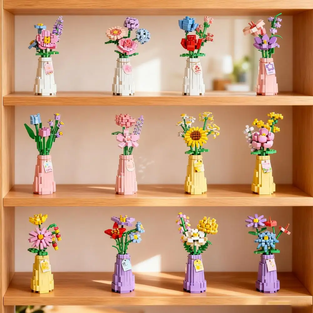 

Flower Bouquet with pot Micro Building Block Sunflower Model Brick Adults Home 3D Rose Decor Mini Plants Bouquet Gift Toy R7E3