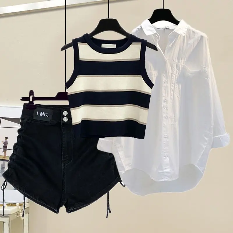 Summer Women's Three Piece Set/Single Piece 2024 New Large Women's Sunscreen Shirt Striped Tank Top Denim Shorts Three Piece Set