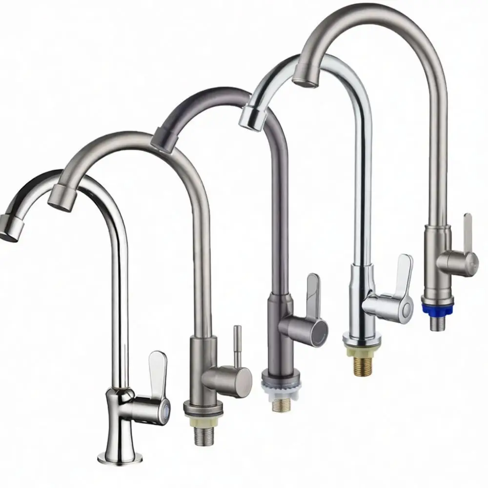 Durable 304 Stainless Steel Kitchen Sink Faucet Single Cold Tap Brushed Finish Copper Valve Core Professional Fixture