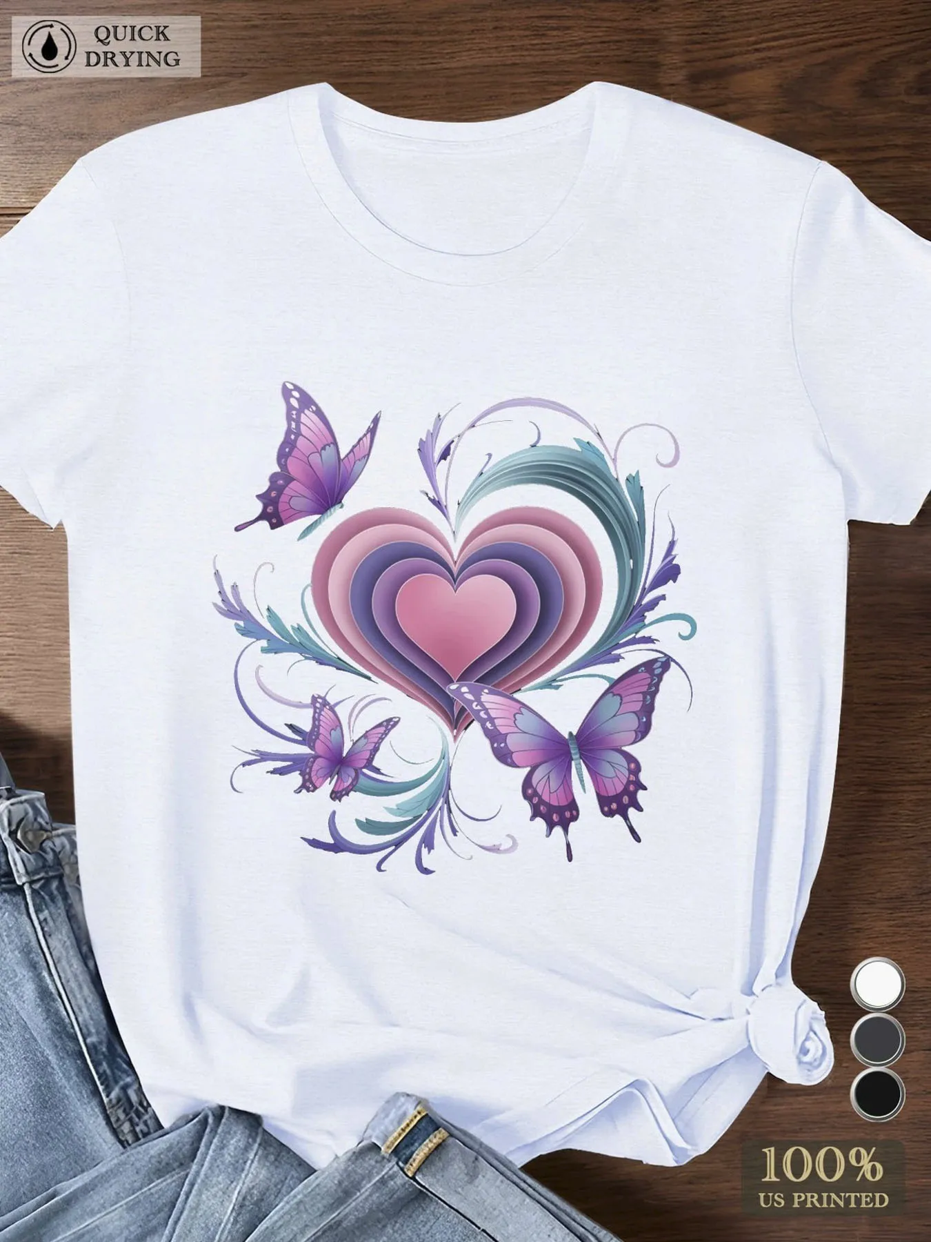 Women's 100% Cotton Butterfly Heart Print T-Shirt – Vibrant Purple & Blue Design, Casual Round Neck Short Sleeve Tee