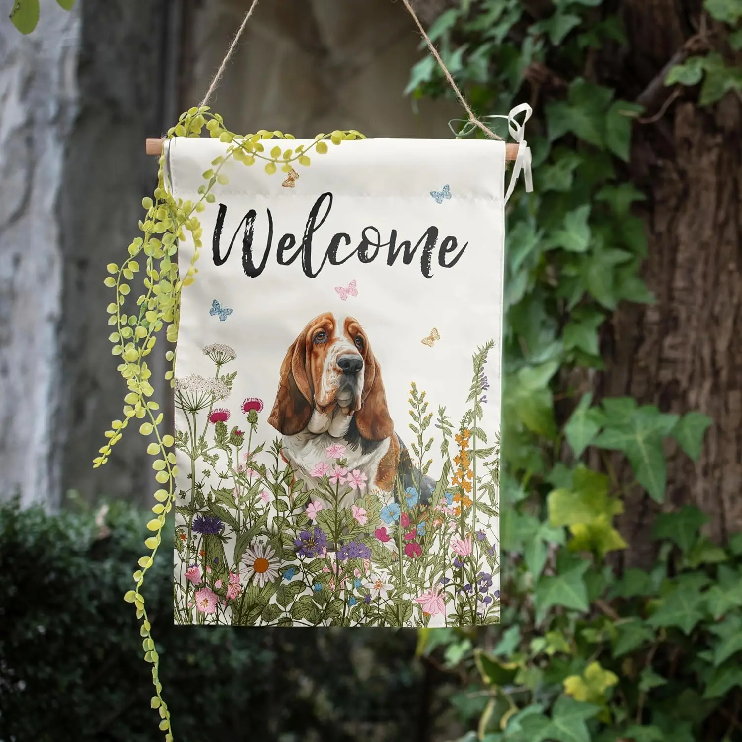 Spring Summer Garden Flag Floral Basset Hound Yard Flag Flower Dog Garden Flags for Outside Small Outdoor Welcome Flags 12x1 EEZ