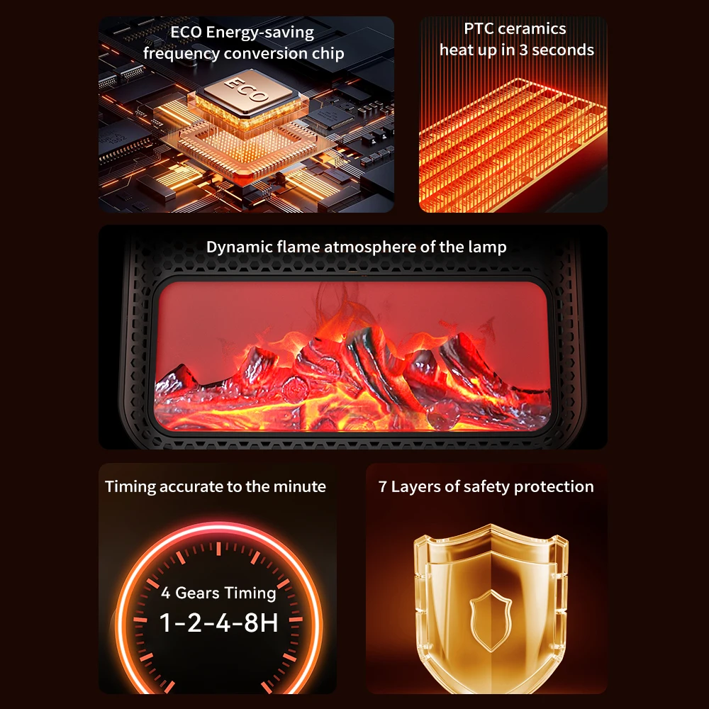 سخان لهب ديناميكي ثلاثي الأبعاد محمول سخان منزلي صامت وموفر للطاقة PTC سرعة سخان كهربائي سخان كهربائي مؤقت