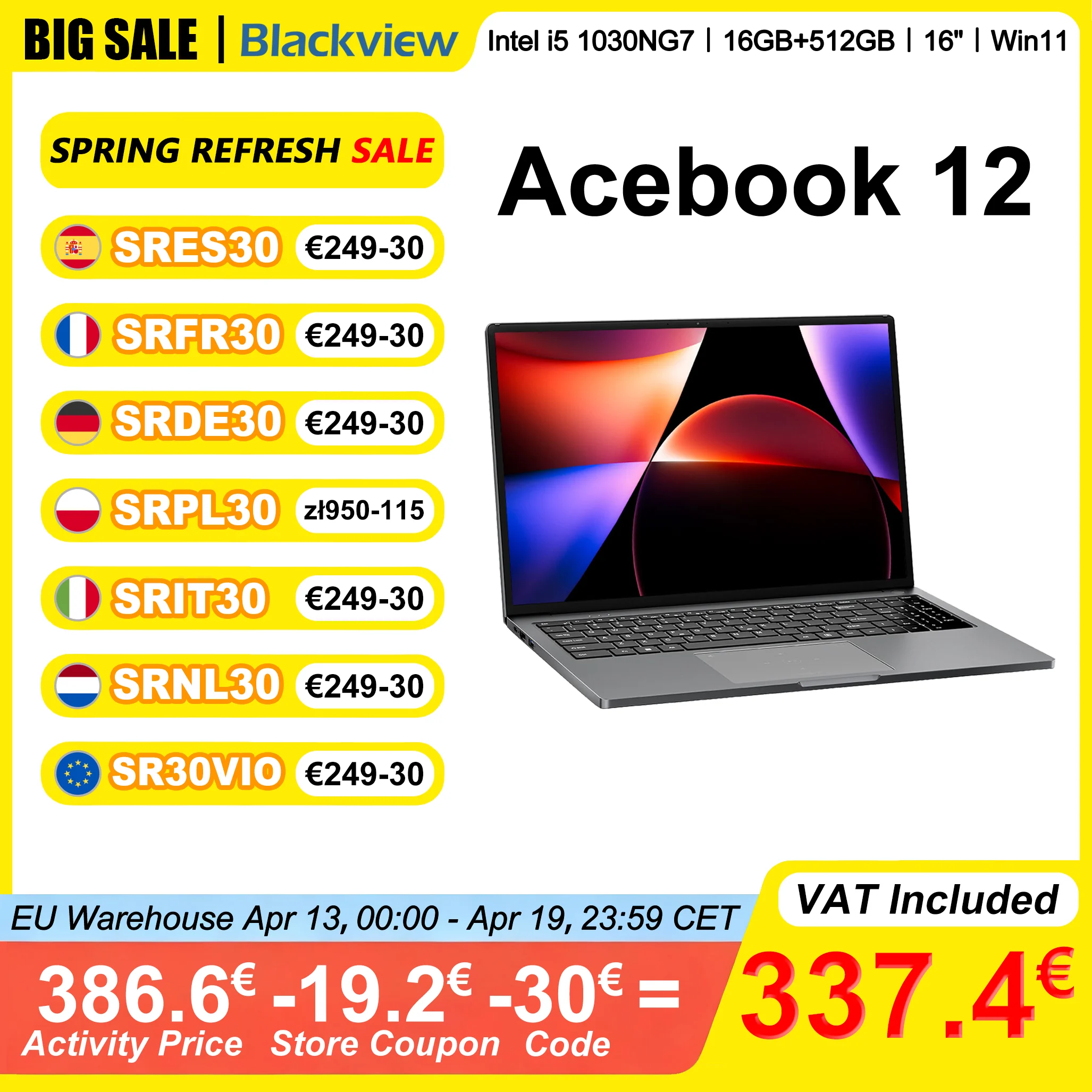 Blackview AceBook 12 ordinateur portable 16 ''FHD IPS Intel I5-1030NG7 16GB RAM 512GB SSD 2 en 1 bouton d'alimentation par empreinte digitale Windows 11