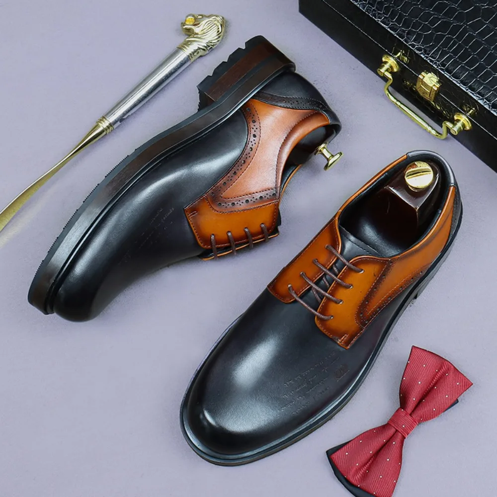

Winter Men Derby Shoes Round Toe British Style Business Formal Leather Shoes Cowhide Two Tone Color Casual Wedding Groom Shoes