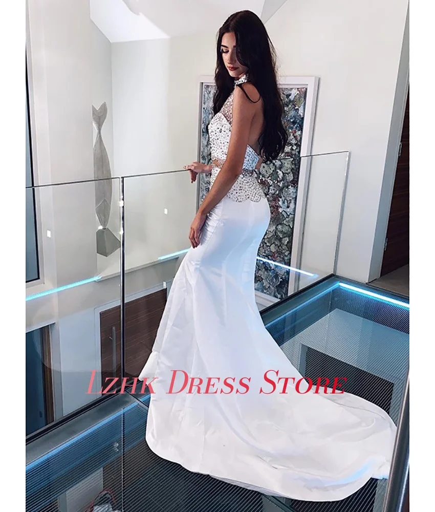 Personalizado de luxo cetim sereia cristal lantejoulas vestido noite sexy halter sem mangas até o chão vestidos de ocasião sob medida