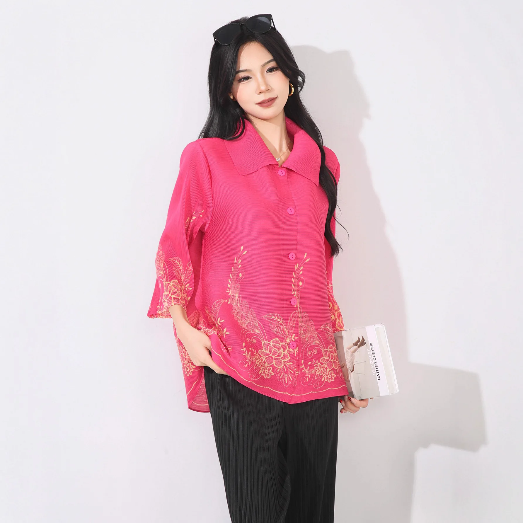 

Miyake Pleated Fashionable Print High-end Slim Loose Lapel Chinese Style Breasted Sleek and Centre-sleeved Shirt Women's Top