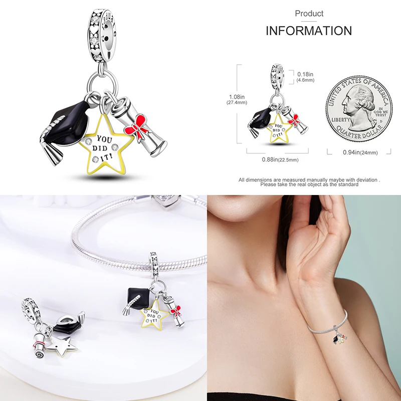 Breloque en forme de cœur pour remise de diplôme, en argent Sterling 925, émail bleu, casquette adaptée au Bracelet Pan, Collection d'étudiants, bijoux cadeau, 2024