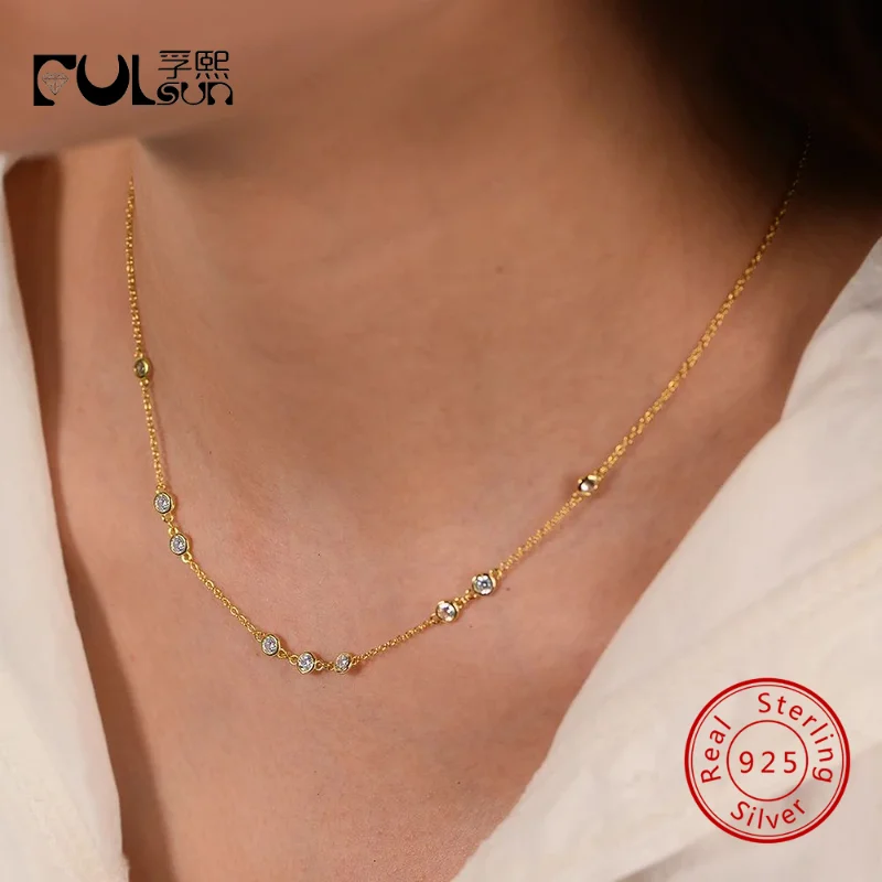 925 Sterling Silver 14K Gold Plated Bezel Set Multi Clear CZ Station Necklace Women Dainty Minimalist Jewelry Gift