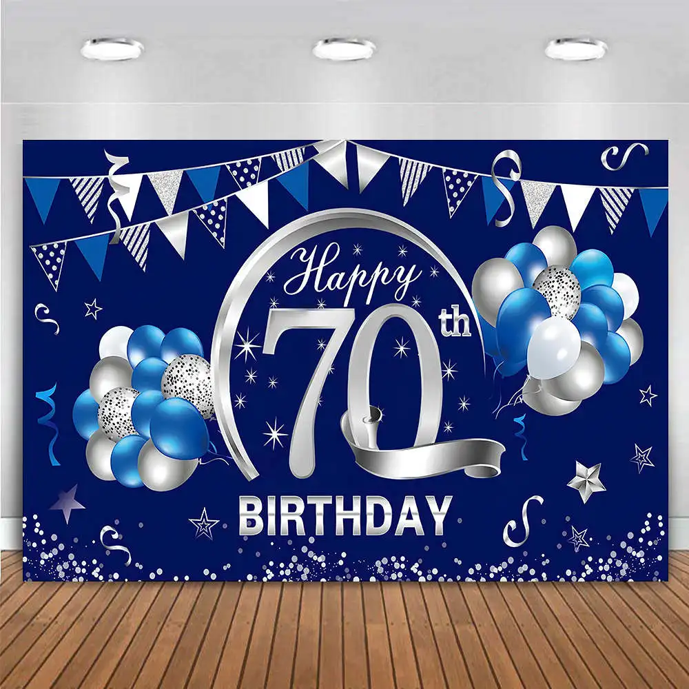 

Custom Happy 70th Birthday Party Decor Backdrop Banner Seventy 70 Years Old Blue and Silver Photography Background for Men Women