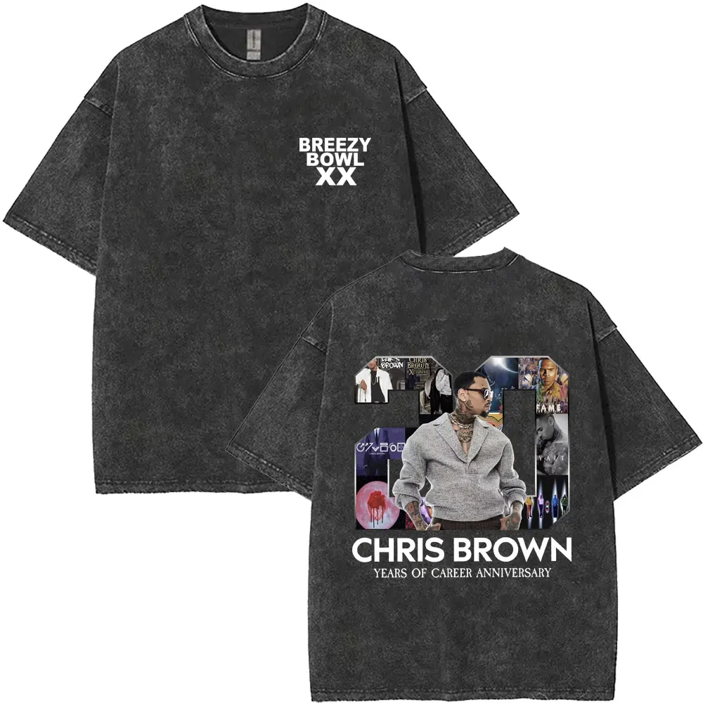 

Rapper Chris Brown Breezy Bowl XX Tour 2025 Vintage Washed T-shirt Men Women Hip Hop Pop Music T Shirts Casual Cotton T-shirts